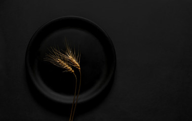 Golden wheat ears for a black plate on a dark background.Bankruptcy concept.Panoramic view with space for text