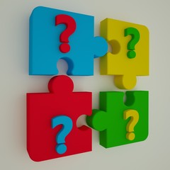 Four Pieces of Colorful Puzzles with question marks. 3d Illustration