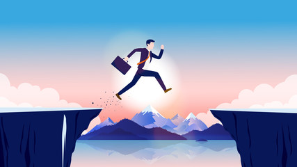 Business obstacle - Businessman taking risk, jumping over gap with open landscape and sunlight in background. Challenge, risk and reward concept. Vector illustration.