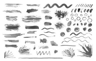 Set of Hand drawn watercolor blots, lines, brush strokes, brushes. Artistic design elements. Doodle style. Vector illustration. Freehand drawing. Abstract elements for  background, greeting card