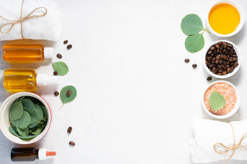 Fresh organic ingredients for homemade scrub. Spa and wellness concept. Flat lay overhead composition with copy space for your design.