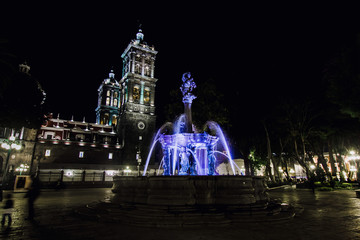 Zocalo Puebla Mexico, principal square at night in a Mexican Colonial City
