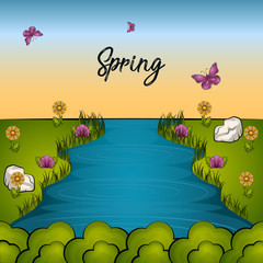 Obraz premium Beautiful spring landscape cartoon
