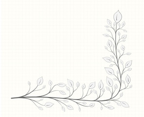 A branch with leaves in the shape of a corner in a gray tone on a notebook sheet isolated on a light background