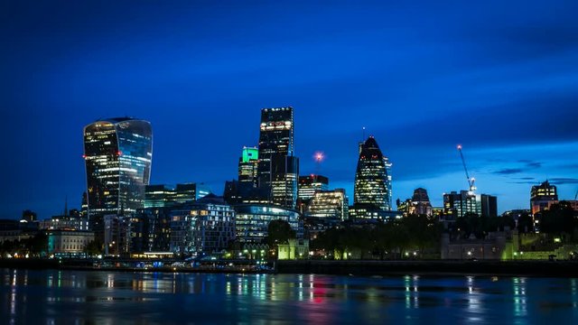 Timelapse of The City London Financial district at sunrise in, England,UK . A dawn time lapse. With clouds passing by the skyscrapers of London