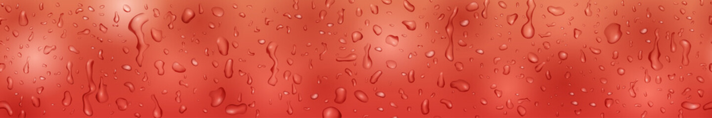 Banner in red colors with drops and streaks of water, flowing down the surface. With seamless horizontal repetition