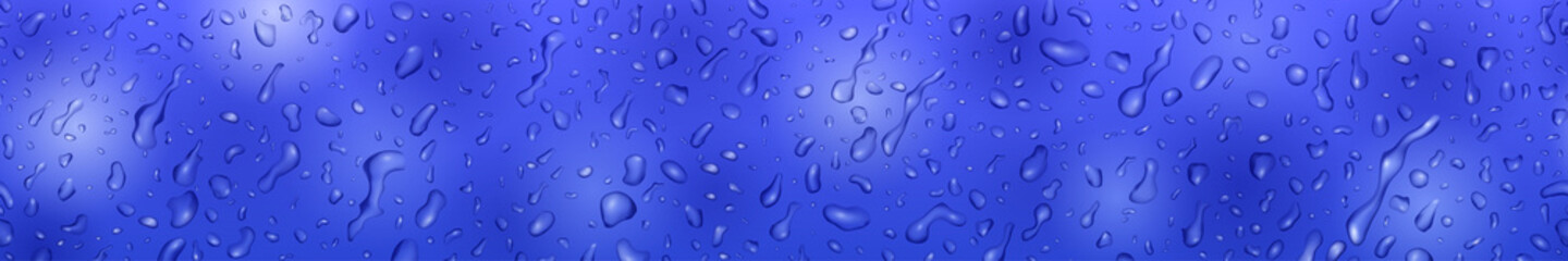 Banner in blue colors with drops and streaks of water, flowing down the surface. With seamless horizontal repetition