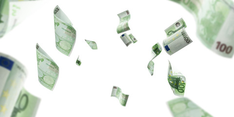 Euro money background. Banknote falling isolated textures on white background. - obrazy, fototapety, plakaty