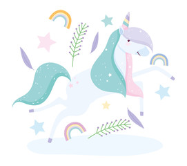 Naklejka premium unicorn flower rainbow clouds leaves fantasy magic cute cartoon