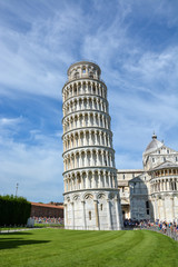 PISA, ITALY - August 14, 2019: The leaning tower of Pisa with lots of tourists
