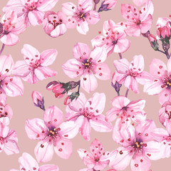 Watercolor hand painted sakura cherry blossom flowers illustration seamless pattern - wrapping paper, fabrics design, wallpaper