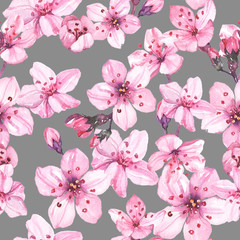 Watercolor hand painted sakura cherry blossom flowers illustration seamless pattern - wrapping paper, fabrics design, wallpaper