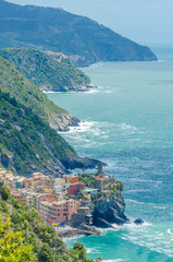 Vernazza in Cinque Terre, Italy, view at the town from mountain trail