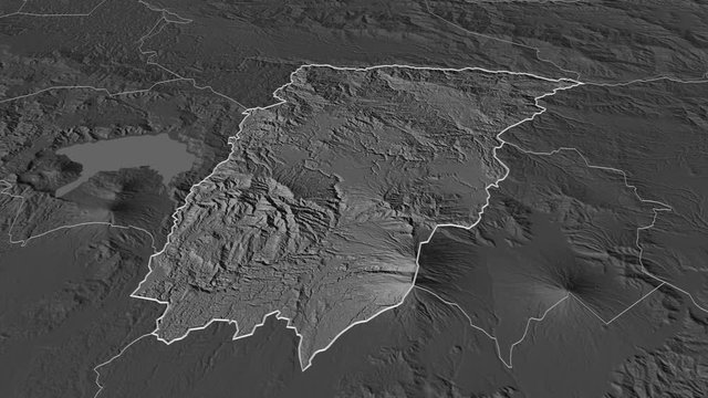 Chimaltenango, department with its capital, zoomed and extruded on the bilevel map of Guatemala in the conformal Stereographic projection. Animation 3D