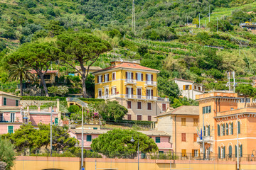 Fototapeta na wymiar Monterosso in Cinque Terre, Italy, view at the town from mountain trail