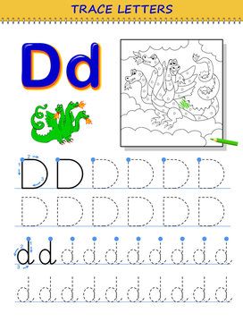Tracing letter D for study alphabet. Printable worksheet for kids. Education page for coloring book. Developing children skills for writing and tracing ABC. Vector cartoon image for school textbook.