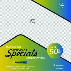 Weekend special offer banner design template, weekend sale with up to 50% off, vector illustration