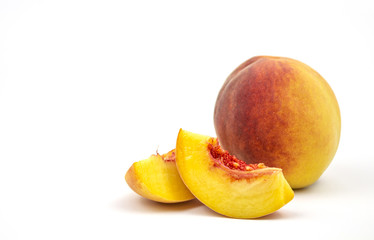Ripe peaches on a white background. Peaches. isolate. Macro. Banner. Place for text