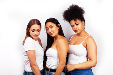 diverse multi nation girls group, teenage friends company cheerful having fun, happy smiling, cute posing isolated on white background, lifestyle people concept, african-american, asian and caucasian