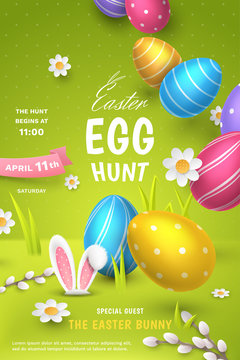 Vector cute festive poster for Easter Egg Hunt with realistic colored eggs, 3D fur ears of bunny, paper chamomiles and pussy willow on green background. Holiday cartoon scene for party invitation.