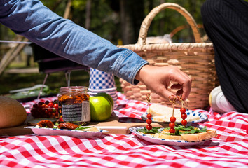 Wicker basket on red checkered tablecloth with fruits and organic food on grass, vegan picnic with healthy food in park outside at summer day