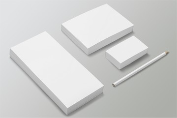 Blank white mockup of sheets, cards and pen on the desk