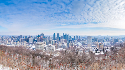 Panorama view of Montreal skyline view from Kondiaronk belvedere on mount royal in winter