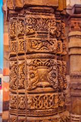 Architecture elements of Qutub (Qutb) Minar, the tallest free-standing stone tower in the world, and the tallest minaret in India, constructed with red sandstone and marble in 1199 AD.