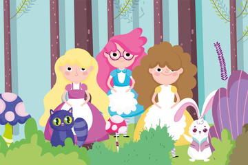 cute girls rabbit cat forest , children character