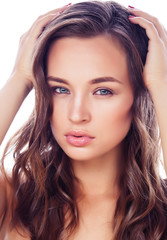 Fototapeta premium perfect beauty real brunette woman isolated on white background smiling spa makeup, positive girl