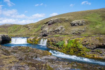 Waterfall and cascade in river Nordari Ofaera near Eldgja in Iceland
