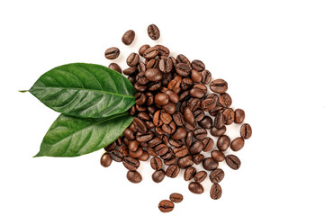 Coffee beans and leaves  on white background.