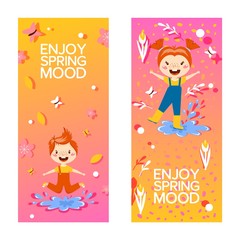 Happy children enjoying spring, vertical banners, vector illustration. Cute kids cartoon characters jumping in puddles, banner with text. Cheerful boy and girl, kids having fun, smiling children
