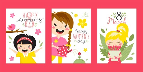 Fototapeta na wymiar Greeting cards with cute girls, happy womens day, vector illustration. Happy children cartoon characters, flower icons in flat style. Mother day greetings, typographic card template, girl with flowers