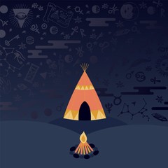 Teepee tent and campfire at night, astrology symbols in the sky, vector illustration. Mysterious night in ethnic tribe, ancient beliefs in magic and destiny. Star constellations in sky, tribal tent © Vectorvstocker