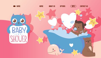 Baby shower, cute website template, vector illustration. Happy little girl cartoon character bathing in bathtub. Birthday celebration, newborn kid. Invitation to baby shower, landing page template