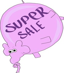 Hand drawing, pink elephant with the inscription super sale, bloated like a ball. Suitable for emblem, symbol, logo, advertisement, label