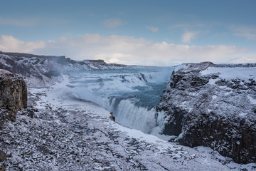Frozen waterfall Gullfoss in Iceland