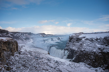 Frozen waterfall Gullfoss in Iceland