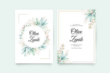 Obraz na płótnie Canvas Beautiful wedding invitation template with leaves watercolor and gold color