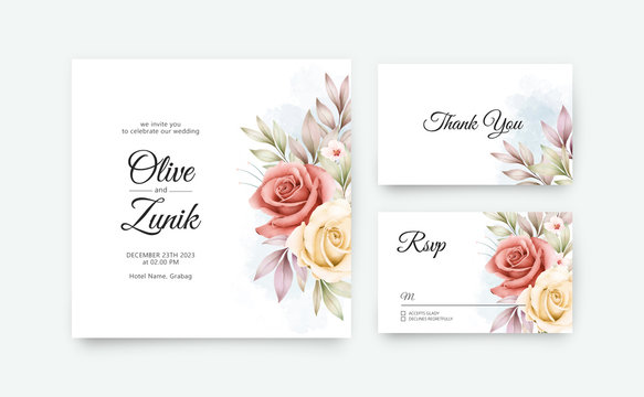 Wedding card set template with beautiful flowers and leaves watercolor