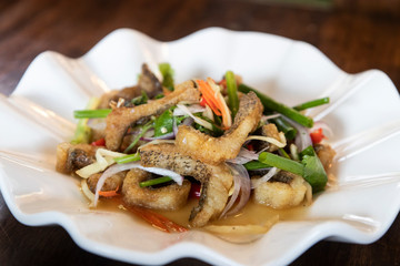 Food in a Thai restaurant Made from meat and vegetables on a tray