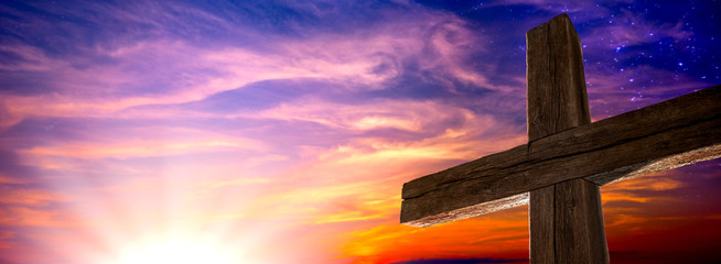The Old Rugged Cross At Sunrise With Clouds And Starry Sky - Crucifixion/Resurrection Of Jesus Christ Concept