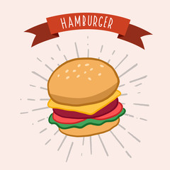 Hamburger. Cheeseburger. Vector color illustration of fast food in cartoon style. Poster design.