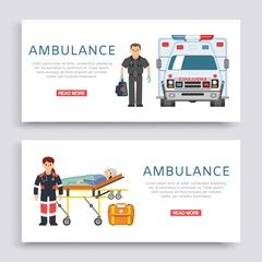 Ambulance, doctors paramedics emergency service with patient disease banners set vector illustration. Medical car and people doctors staff, healthcare emergence medicine.