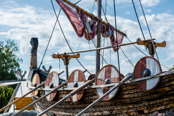 Wooden viking snekkja longship type, close-up, Finland