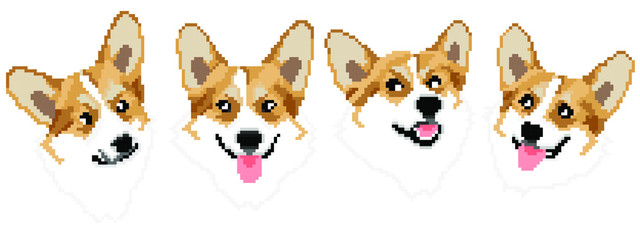 Set of vector pixel art Pembroke Welsh Corgi dog isolated on white background.