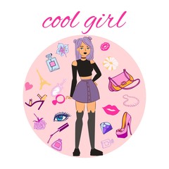Cool girl vector illustration fashion poster. Young cool girl with fashion patch badges lips, shoes, eye, ladies bag, lipstick. Trendy collection of stickers, pins, patches in cartoon comic style.