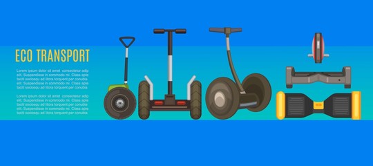 Eco transport with electric gyroscooters web poster, vector illustration. Ecological transportation and leisure self balancing mobile transport gyroscooters with handgrip, monowheel and hoverboard.