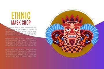 Ethnic masks of african or mexican aborigens shop website vector template. Afro totem or warriors wooden ornament masks with horror human faces for web sale ethnic Africa online shop.